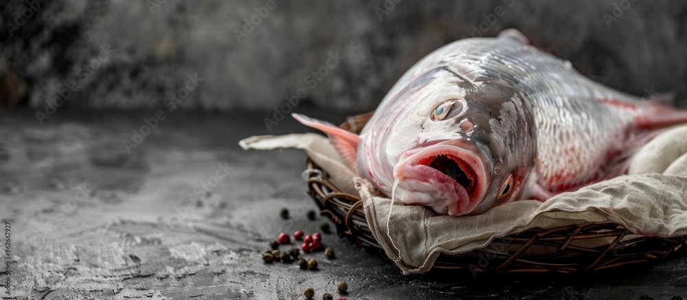 Aufkleber a headless, raw white carp fish slice displayed on a table with copy space for a food background.