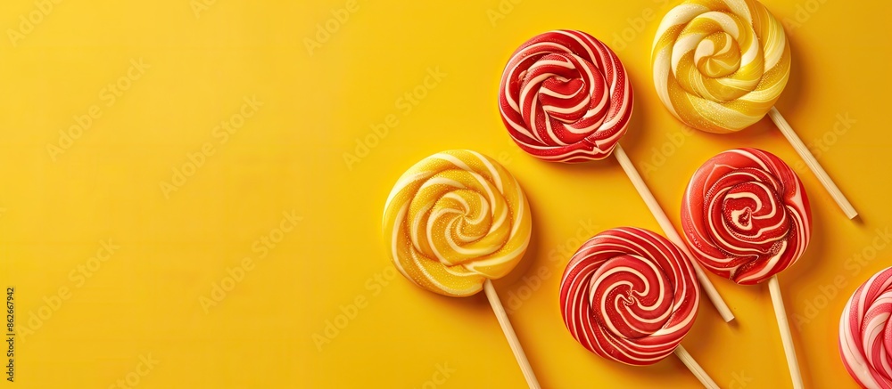 Poster vibrant swirl lollipops on yellow backdrop with copy space image.