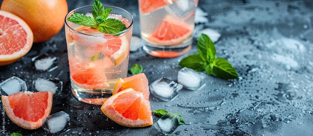 Poster Cold summer cocktails such as grapefruit lemonade served in a glass with ice cubes and copy space image.