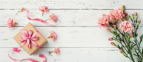 Top view image of carnations and a gift box on a white wooden background with a copy space for Mother's Day greetings.