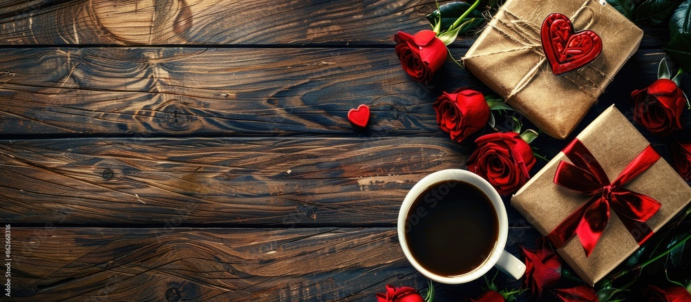 Poster valentine's day concept featuring a close-up of red roses and a gift box next to a coffee cup on a w