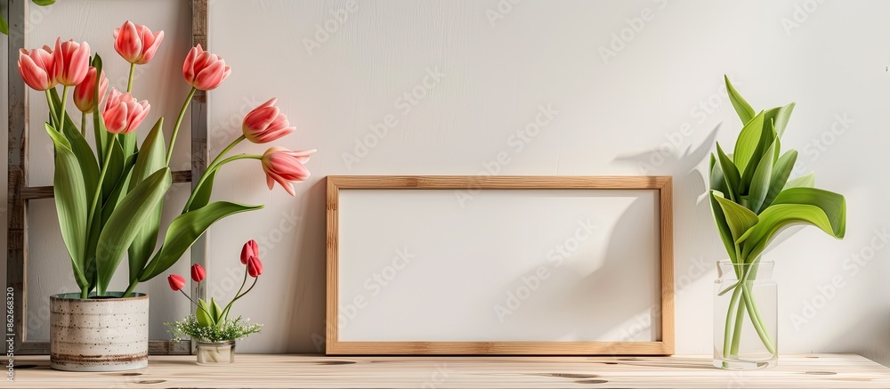 Aufkleber Mockup of a horizontal picture frame featuring tulip flowers with copy space image.