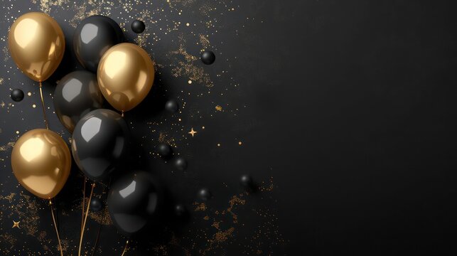 Festive black and gold balloons on a black background banner celebration theme. Generative AI