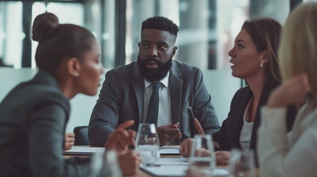 1. A diverse panel of professionals in deep discussion around a conference table, evaluating resumes and candidate profiles, depicting the search for the best job candidate in a corporate setting.