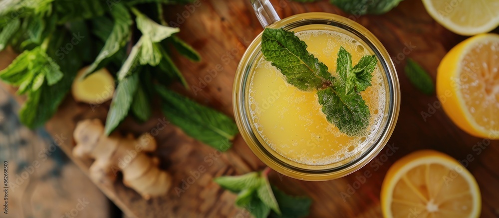 Poster top-down view of a hot drink combining mint, ginger, and lemon, set on a wooden surface, offering a 