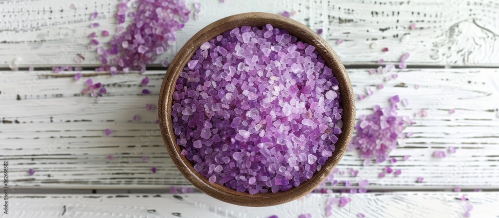 Poster a bird's-eye view of lavender sea salt crystals in a bowl on a white wooden surface, offering space 