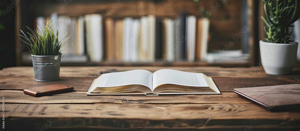 Aufkleber Desk of a college student displaying an open book with blank copy space image.
