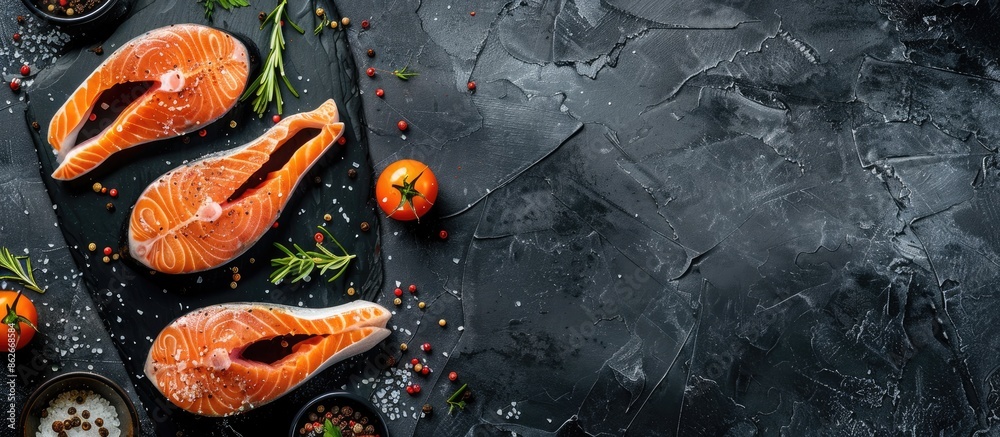 Poster Salmon steaks from above with spices and available copy space image.