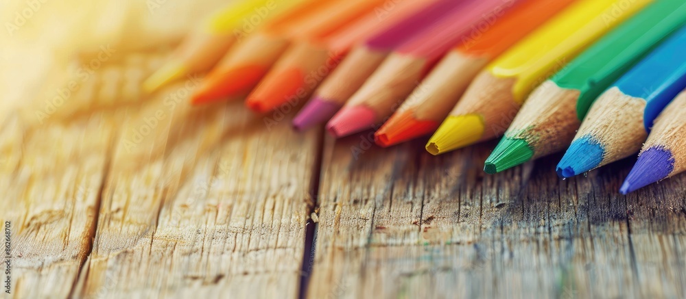 Poster back to school concept with color pencil crayons being sharpened on a blurred wooden background, ide