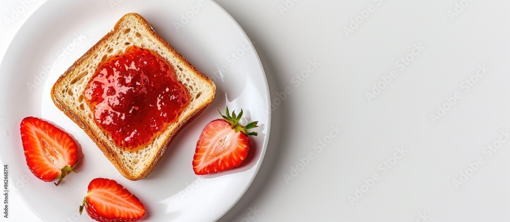 Poster Top view of a slice of toast with strawberry jam on white background, flat lay style with room for text or image insertion. Copy space image. Place for adding text and design