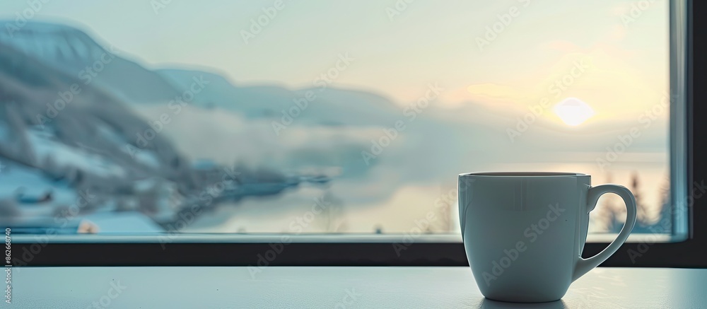Poster Scandinavian-style coffee cup placed by a large window with a view, ideal for copy space image.