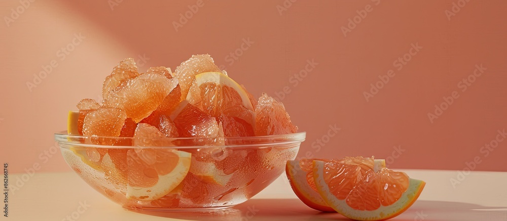 Poster Composition featuring grapefruit jelly in a bowl on a bright table, with a vacant area for text in the image. Copy space image. Place for adding text and design