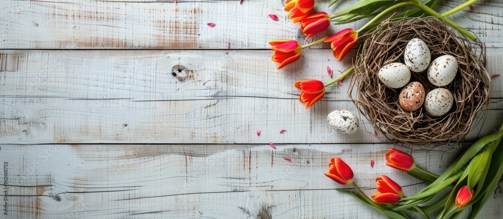 Poster Easter-themed greeting card with tulips, eggs in nest, and rustic white wooden backdrop, ideal for Easter. Top-down view with available space for text or images. Copy space image