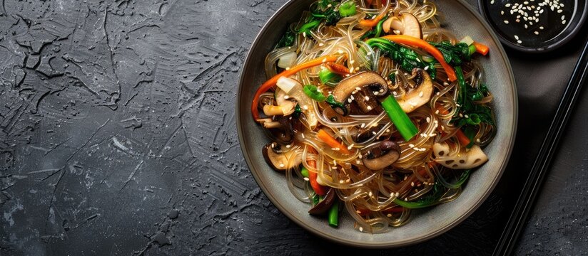Korean vegan japchae dish with stir-fried mushrooms, leeks, and glass noodles, served in a beautifully presented copy space image.