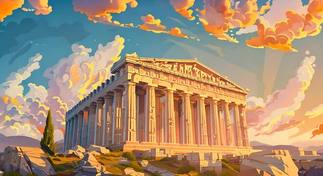 Cartoon Parthenon at sunset with exaggerated golden glow and bright, playful colors