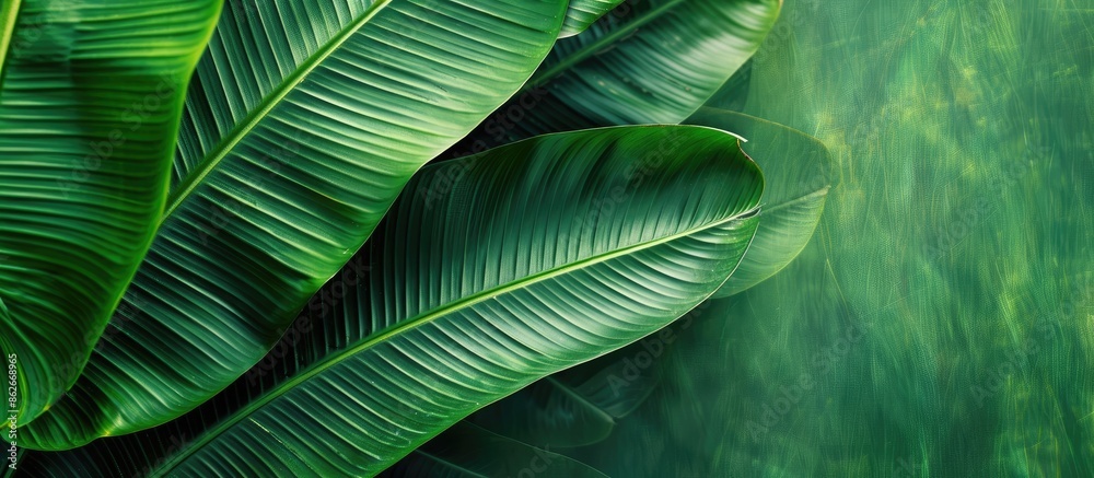 Wall mural a background of a green banana leaf with lines available for a copy space image.