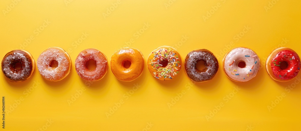 Poster Donuts arranged in a row on a yellow backdrop with copy space image.