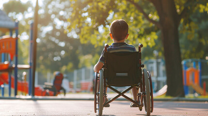 Bright photo of a disabled kid on a wheelchair watching how other kids are playing on playground