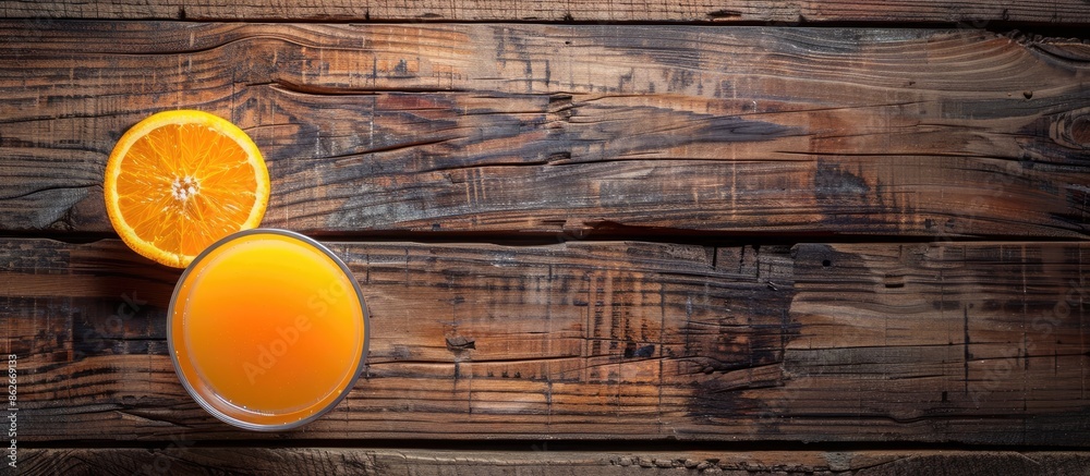 Poster a cool glass of orange juice on a wooden background with copy space image. fruit juices rich in vita