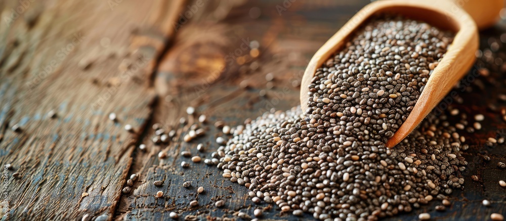 Poster close-up view of organic chia seeds with a wooden scoop on a wooden surface, ideal for a copy space 