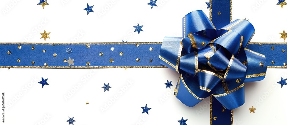 Poster close-up view of a blue ribbon with a gold star pattern gift, featuring a bow, perfect for christmas