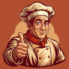 Stylish restaurant chef wearing a European chef's hat, with his thumb raised in approval, smiling as he walks towards something
