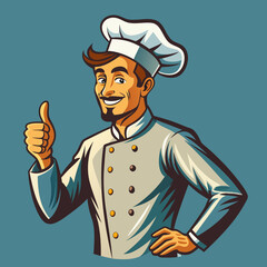 Stylish restaurant chef wearing a European chef's hat, with his thumb raised in approval, smiling as he walks towards something