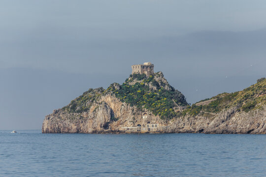 View of rocky cliff and sea, Torre del Capo di Conca, Amalfi Coast, Italy.