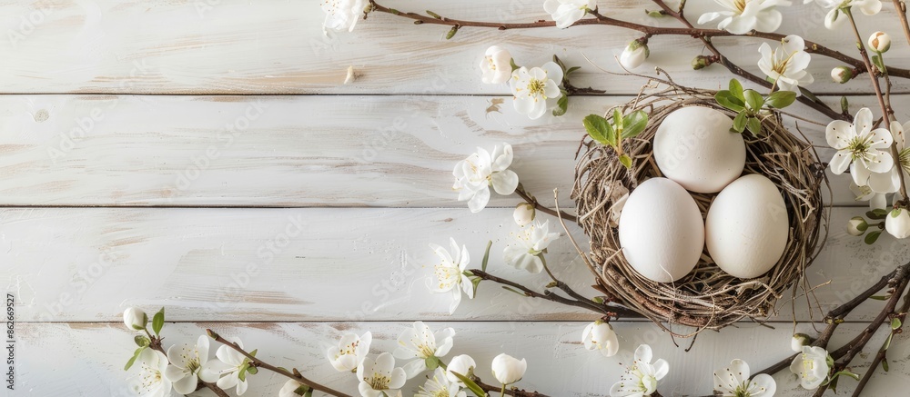 Poster easter egg displayed in a rustic nest surrounded by spring blossoms on a white wooden backdrop with 