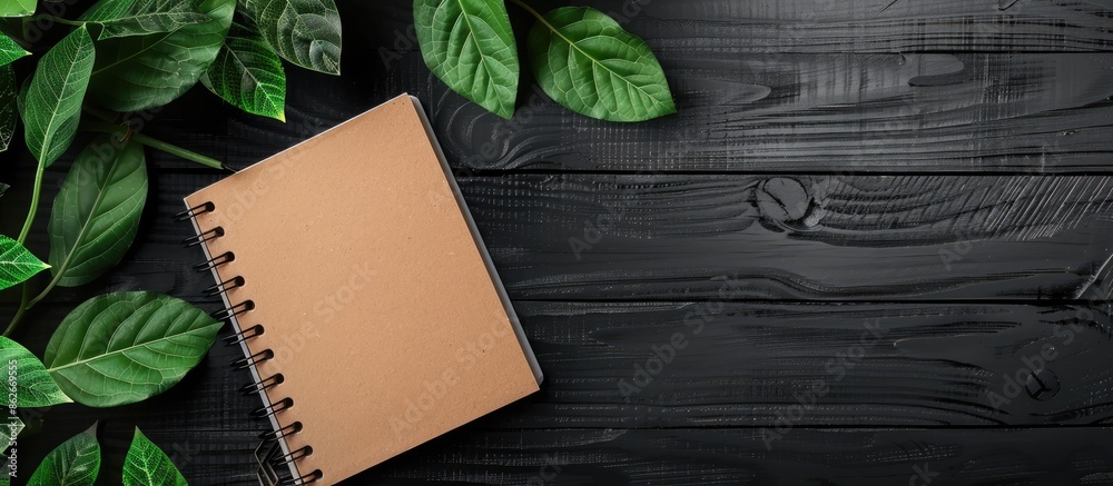 Aufkleber Top view of a notebook on a black wooden surface with green leaves, creating a stylish office desktop flat lay with copy space image.