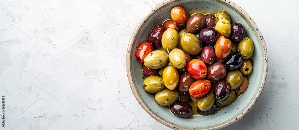 Poster a bird's eye view of a bowl filled with marinated olives set against a plain background provides amp