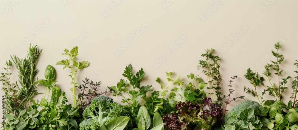 Poster fresh organic greens and herbs arranged on a beige backdrop with copy space image. creates a healthy