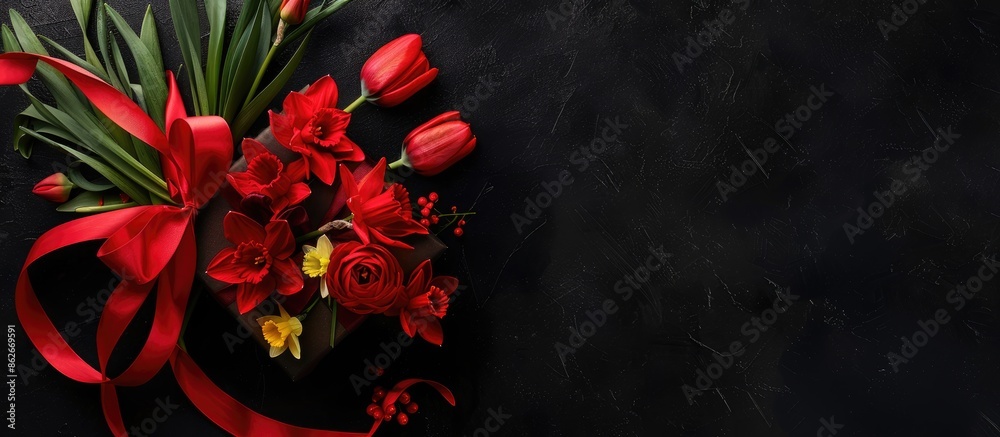 Poster Aerial view of a bouquet of red tulips and daffodils, accompanied by a gift box with a red ribbon, set against a black backdrop, emphasizing the floral theme with available copy space image.