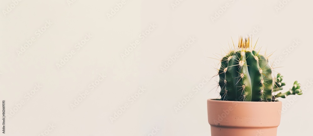 Poster a cactus planted in a pot, set against a white background provides ample copy space for text or imag