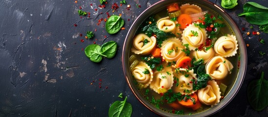 In under 30 minutes, a tasty tortellini soup is ready by adding onions, celery, carrots, red pepper, and baby spinach, a versatile meal option with copy space image.
