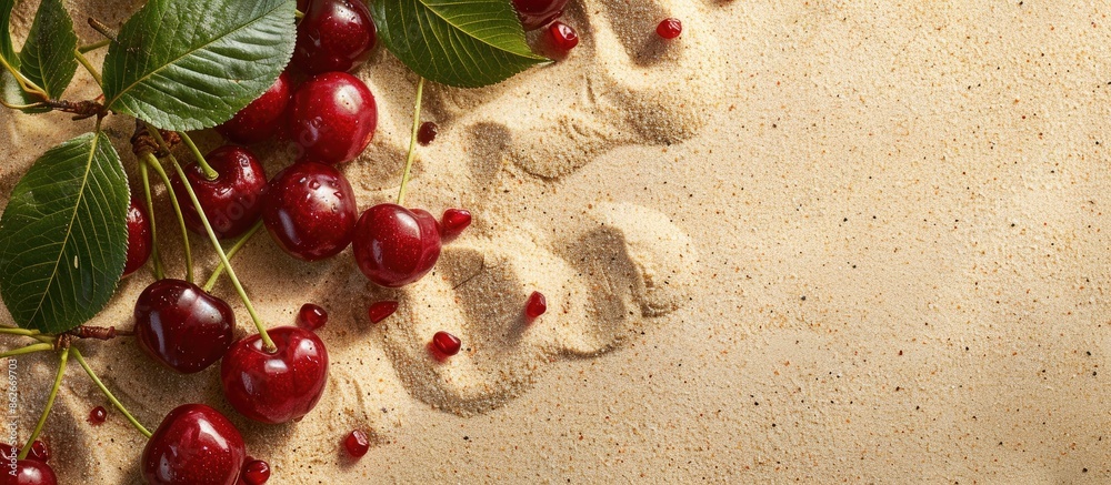 Aufkleber cherries on a sandy beach background with a copy space image for a minimalist and creative summer fr