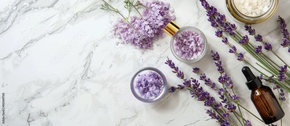 Poster a lavender spa display featuring natural herbal cosmetics with lavender flowers on a marble backgrou