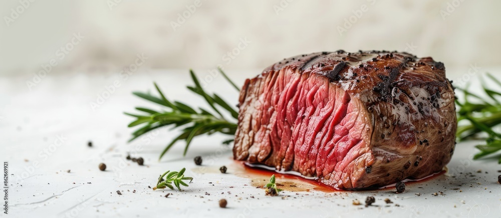 Aufkleber high-quality image of a roast beef fillet on a kitchen table, against a white background with space 