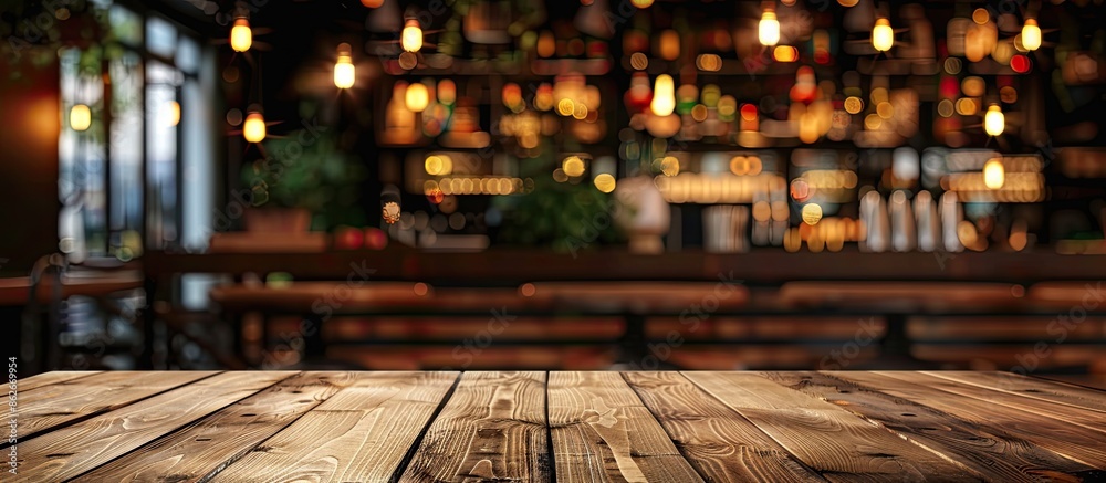 Poster wooden table showcasing a menu frame in a bar restaurant cafe with ample space for promotional text,