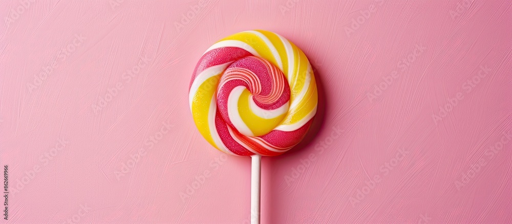 Poster Minimalistic concept with a colorful lollipop in a flat lay composition, offering abundant copy space for images.