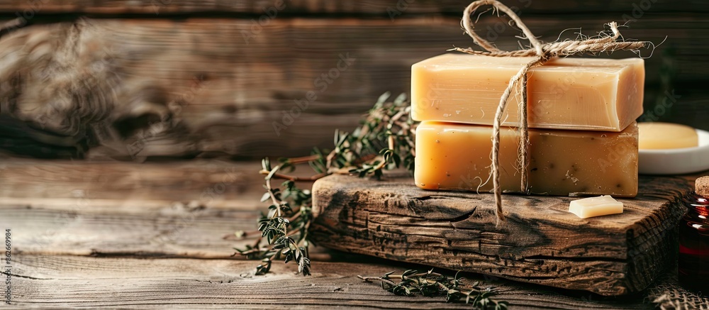 Poster Handmade organic soap and facial cleanser displayed on a rustic wood background with ample copy space image.