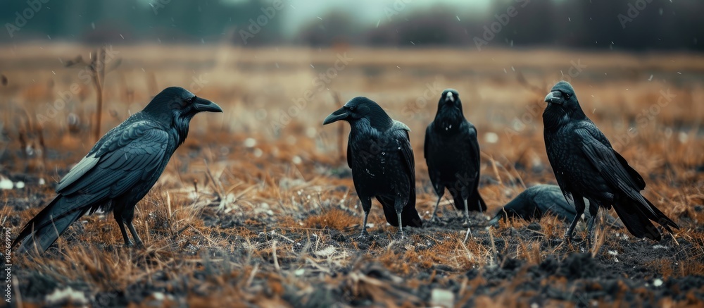 Poster A quartet of crows rendezvousing in the field, with ample empty space for additional content in the image.
