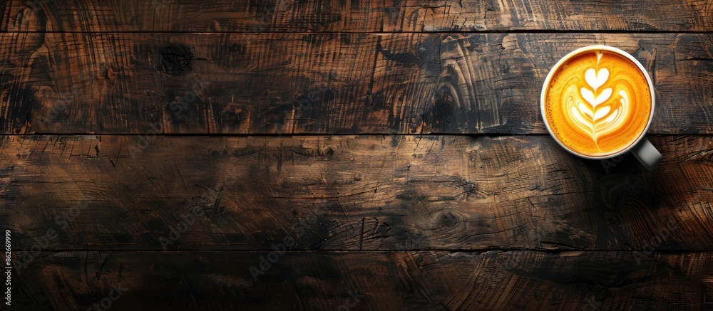 Leinwandbilder Top view of latte art on a rustic wooden surface with space for text or other elements in the image. Copy space image. Place for adding text and design