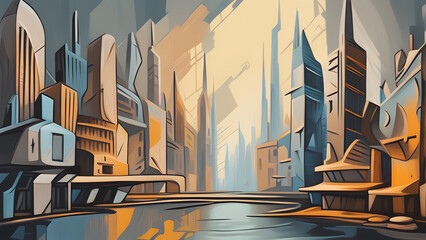 Futuristic city abstract painting background art generative ai.