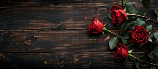 Top view of three roses displayed on a dark wooden surface with ample copy space for adding text or images.
