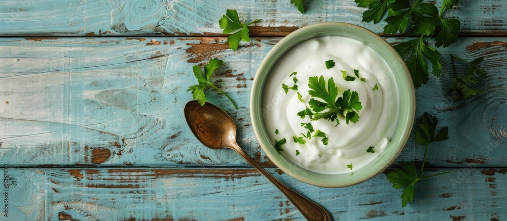 Poster light blue wooden table with a bowl of fresh sour cream topped with parsley and a spoon, ideal for a