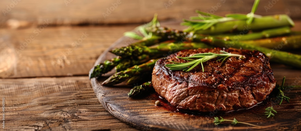 Poster rib eye steak and asparagus served with wine on a wooden table with copy space image.
