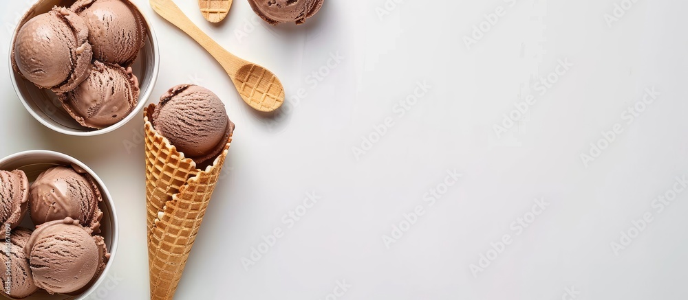 Poster chocolate ice cream in paper bowls with waffle cones and wooden spoons on a white background, presen