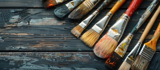 Various paint brushes displayed on a dark wooden table with copy space image. Celebrating Father's Day with a festive holiday concept.