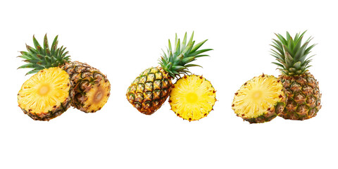 Fototapeta premium pineapple, fruit, cut, half, isolated, white background, clipping path, detailed, photo, high resolution, tropical, fresh, yellow, ripe, juicy, food, sweet, natural, vibrant, color, organic, healthy, 